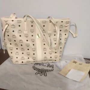 MCM Ivory Large Liz Reversible Monogram Visetos Beige Logo Tote Bag